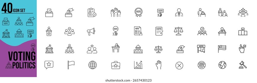 Conjunto de símbolos de votación y política en estilo de Vector moderno. boleta electoral, democracia, voto, campaña, gobierno, candidata, encuesta, política