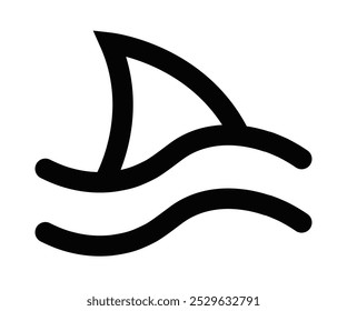 Minimalist line icon of a shark fin emerging from water, symbolizing ocean life, danger, or marine themes. Perfect for wildlife, sea, or aquatic-related designs. Editable stroke.