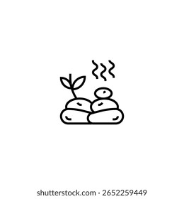 Minimalist line icon showing a stack of hot stones with rising steam and a small sprouting plant. This symbolizes natural healing, spa therapy, wellness balance, and eco-friendly relaxation practices.