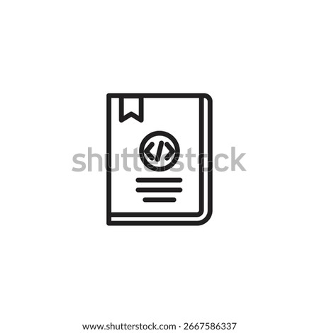 A minimalist line icon shows a closed book with a bookmark. The cover features a circle containing angled brackets and three horizontal lines, suggesting a coding or technical manual.
