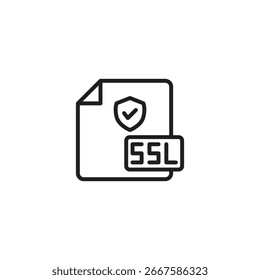 Un icono de línea minimalista muestra un documento con una esquina doblada, mostrando un escudo con una marca de verificación en el interior. Una Pequeña etiqueta adjunta a ella dice "SSL", que representa Secure Sockets Layer.