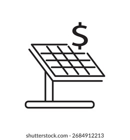 Minimalist line icon of a solar panel with a dollar sign, symbolizing green energy profit. Ideal for illustrating renewable investments, solar revenue, sustainable finance, and environmental wealth.