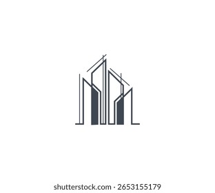 Minimalist line icon of tall modern buildings with intersecting rooflines. Ideal for representing contemporary architecture, urban real estate, and modern city development. Perfect for logos, branding