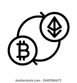 A minimalist line icon for a token swap, with two opposing arrows between two different coin symbols.