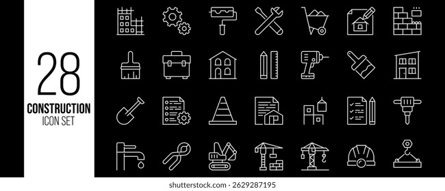 Minimalist Line Icons of Construction Tools and Equipment