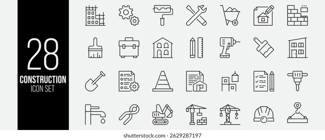 Minimalist Line Icons of Construction Tools and Equipment