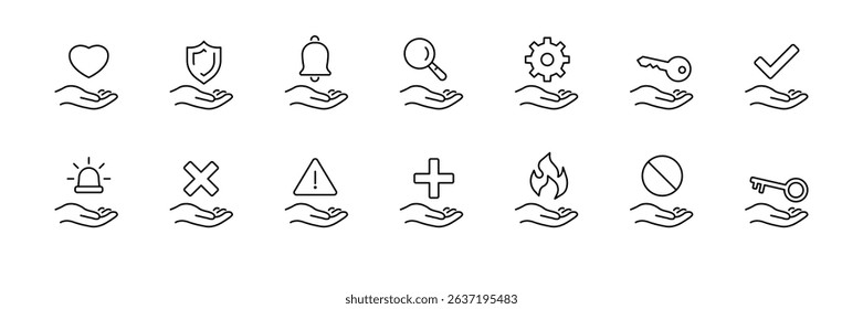 Minimalist line icons of hands holding various symbols and objects for design