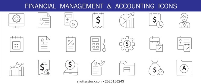 Minimalist line icons illustrating finance, accounting, and business concepts. Ideal for reports, dashboards, apps, and presentations. Clean, scalable, and versatile.