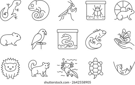 Minimalist Line Icons of Pet Reptiles, Rodents, Birds, Amphibians, and Insects in Modern Outline Style.
