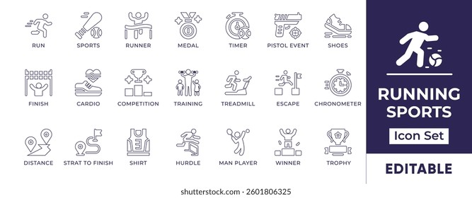 Minimalist line icons representing running, marathon, sprinting, track and field, jogging, training, endurance, and athletic performance.