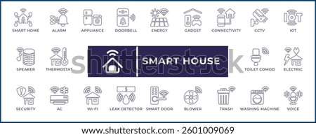 Minimalist line icons representing smart home technology, automation, IoT, security systems, energy management, and digital living solutions.