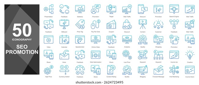 Minimalist line icons for SEO and digital promotion. Includes analytics, keyword strategy, backlinks, ranking, and optimization tools.