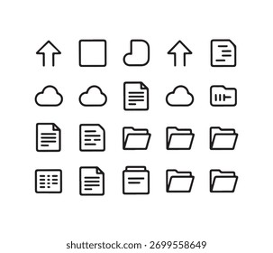 Minimalist Line Icons Set of Cloud Storage, File Upload, and Document Management Symbols — Modern Vetor Illustration (Conjunto minimalista de ícones de linha de símbolos de armazenamento em nuvem, carregamento de arquivos e gerenciamento de documentos)
