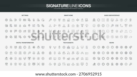 Minimalist line icons set covers settings, smart home, user interface, digital transformation, tech gadgets, and gears, suitable for modern digital concepts isolated vector illustration