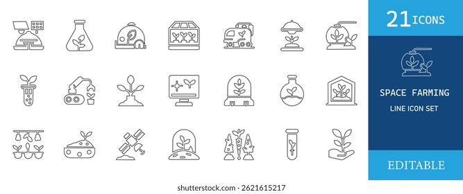 Minimalist line icons set featuring space farming concepts such as hydroponics, plant growth in space, biotech, greenhouses, and futuristic agriculture for science,  and tech use.