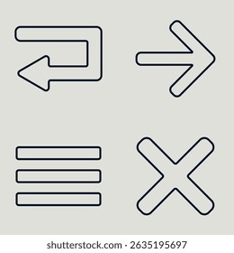 Minimalist Line Icons Set Featuring Return Arrow, Right Arrow, Menu Bars, and Close Symbol on Light Background