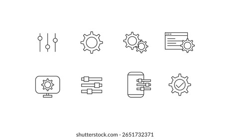minimalist line icons showing gears sliders and digital devices for settings on a white background