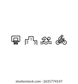 Ícones minimalistas de linha de atividades esportivas: basquete, natação, ciclismo e pódio.