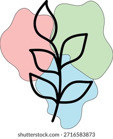 A minimalist line illustration of botanical elements against soft pink, green, and blue flowing organic background shapes.