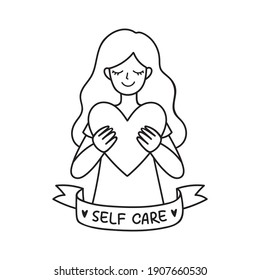 Minimalist line illustration with a female character holding heart symbol in hands. Self-care, mental health concept. Isolated outline vector illustration for social media, advert, or template.