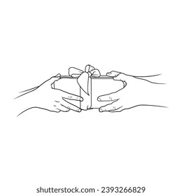 Minimalist Line Illustration of Hand Giving Present. Editable Line. Adjustable Stroke Width.