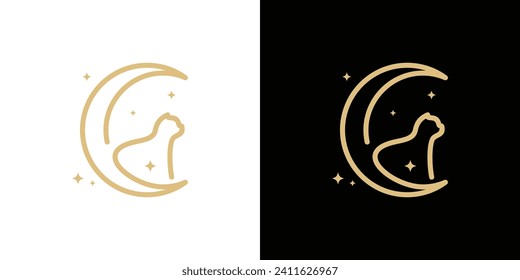 minimalist line logo design, moon cat logo design template.