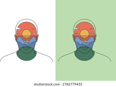 Minimalist line of a man's head with a sunset mountain landscape