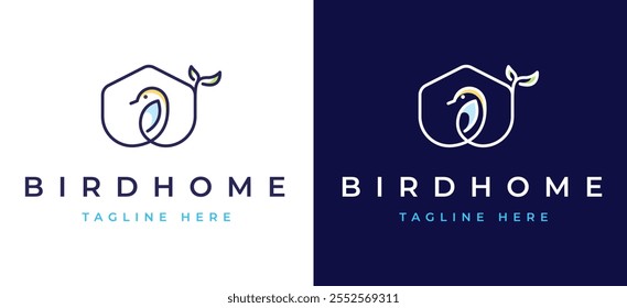 Minimalist Line Pigeon Bird with Home House for Nature Wildlife Label Logo Design Inspiration. House Shape icon on Bird Logo Clean Lines for Nature Wildlife Brand Identity. Bird Logo Vector Template