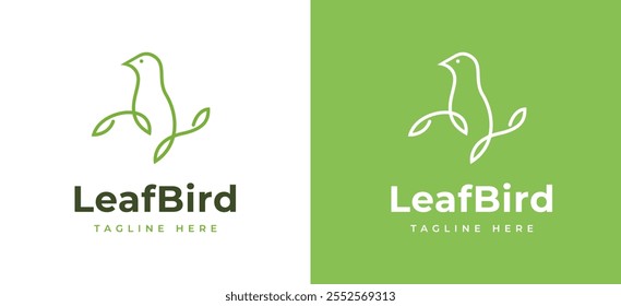 Linha Minimalista Pigeon Bird com asas de folha para a natureza Wildlife Label Logo Design Inspiration. Ícone de folha em Bird Logo Clean Lines for Nature Brand Identity. Modelo de vetor de logotipo Bird