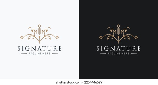 minimalist line signature pen logotype. classic feather ink logo with abstract line retro vintage.