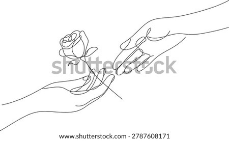 Minimalist line sketch of hands exchanging a single blooming rose. Conveys romance affection or a gift. Ideal for greeting cards or design elements.