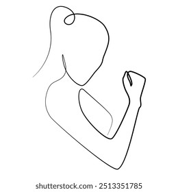 Línea minimalista de mujer fuerte. Una línea continua de mujer que muestra los músculos del brazo. Ilustración vectorial de línea