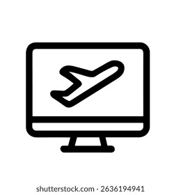 Minimalist Line Style Airplane Flying in Computer Screen Illustration Icon
