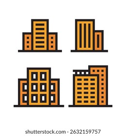 Minimalist Line Style Building Icon Set with Black Outline and Orange Fill