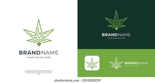 Logotipo minimalista del cannabis del estilo de la línea, logotipo geométrico del CBD del cannabis de la hoja para la compañía médica.