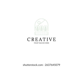 Minimalist line style nature logo design with leaf, sun, water and mountain