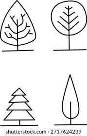 Conjunto de iconos de árbol de línea minimalista con varias Formas forestales abstractas. Símbolos de contorno negro simples ideales para logotipos, interfaz de usuario, ecología y diseño de naturaleza.
