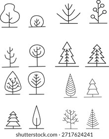 Conjunto de iconos de árbol de línea minimalista con varias Formas forestales abstractas. Símbolos de contorno negro simples ideales para logotipos, interfaz de usuario, ecología y diseño de naturaleza.
