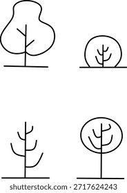 Minimalist line tree icon set with various abstract forest shapes. Simple black outline symbols ideal for logos, UI, ecology, and nature design.