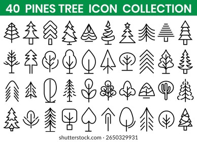 minimalist line tree icon vector collection, scalable pine and forest icons, clean outline, editable nature tree symbol pack