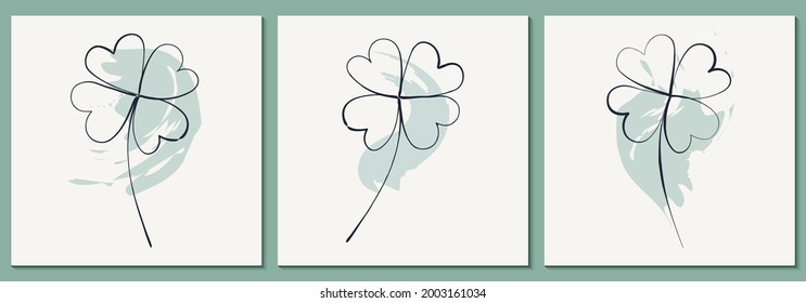 Minimalist line vector with clover and abstract shapes. Brush strokes effect. Set of modern illustrations. 