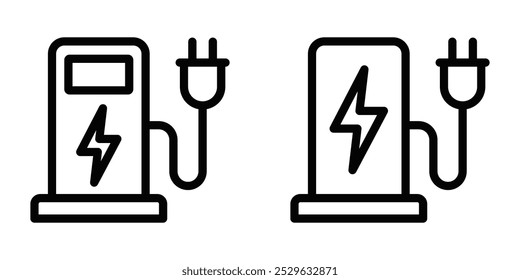 Minimalist line vector of an electric charging station with a plug, representing electric vehicles, sustainability, and green energy. Ideal for transportation and eco-friendly designs. Editable stroke