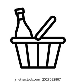 Icono de Vector de línea minimalista de una cesta de la compra que contiene botellas, que simboliza la compra de comestibles, venta al por menor o compra de bebidas. Trazo editable