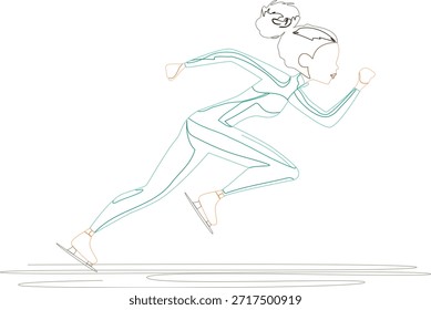 Ilustração de vetor de linha minimalista de uma mulher atlética patinação de velocidade em um movimento dinâmico para a frente. O estilo de contorno limpo enfatiza o movimento, o equilíbrio e a energia física. A ilustração simboliza foco, determinação, disciplina de treinamento e resiliência mental. Adequado para conceitos relacionados ao desempenho desportivo, estilo de vida saudável, motivação, treinamento de esportes de inverno, crescimento pessoal e realização de objetivos. Isolado em um fundo branco.