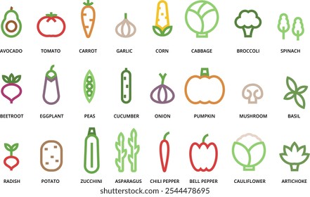 Iconos vegetales de línea minimalista. Comida saludable y productos orgánicos del mercado agrícola. Conjunto de Vectores de símbolos de vegetales geométricos simples y plantas comestibles lineales.