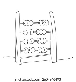 Minimalist Line of Vintage Wooden Abacus. A simple outline forms a wooden abacus with beads on rods, representing counting, calculation, and traditional mathematics.