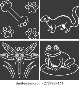 Minimalistische lineare Tierdarstellungen - Knochen, Wiesel, Libelle und Frosch in einfachem Kunststil mit weißer Linie auf dunklem Hintergrund
