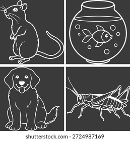 Minimalist Linear Animal Illustrations Set: Mouse, Fish, Puppy, and Grasshopper in White Outline Style on Dark Background