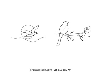 Minimalist linear art of birds in flight and perched on a branch against white background
