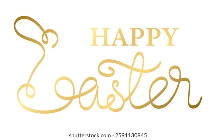 Minimalist linear continuous design "HAPPY EASTER" with bunny, for cutting, for decoration, for printing in gold color